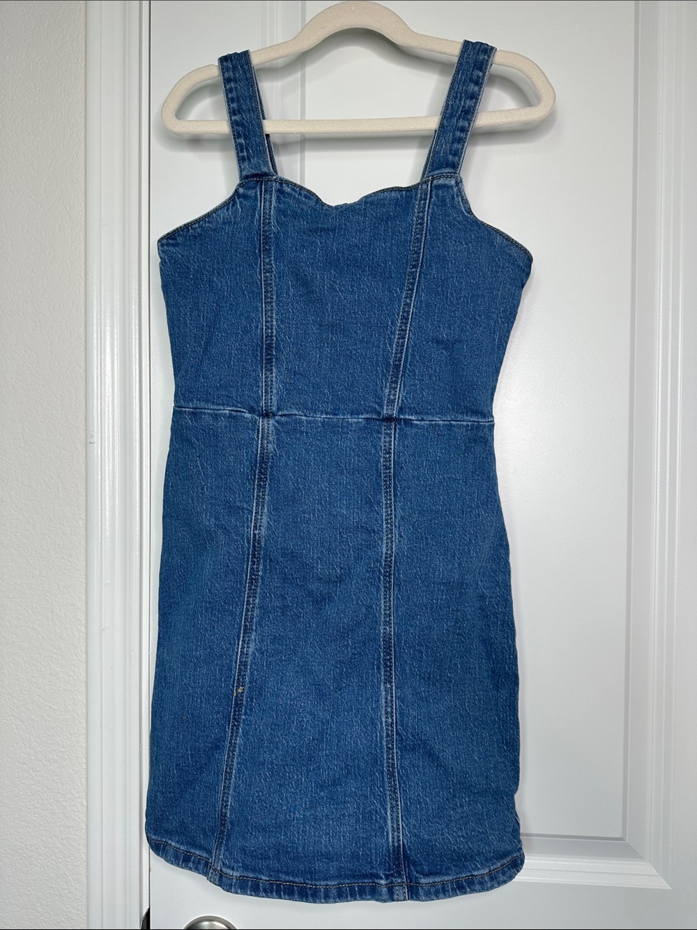 Girls Art Class Denim Mini Dress with Sweetheart Neckline
